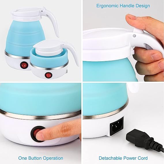 travel folding electric kettle portable upgraded food grade silicone 304 stainless steel heating base 600ml kettle 5 minute rapid boiling convenient storage detachable power cord 110v blue white pink details 1