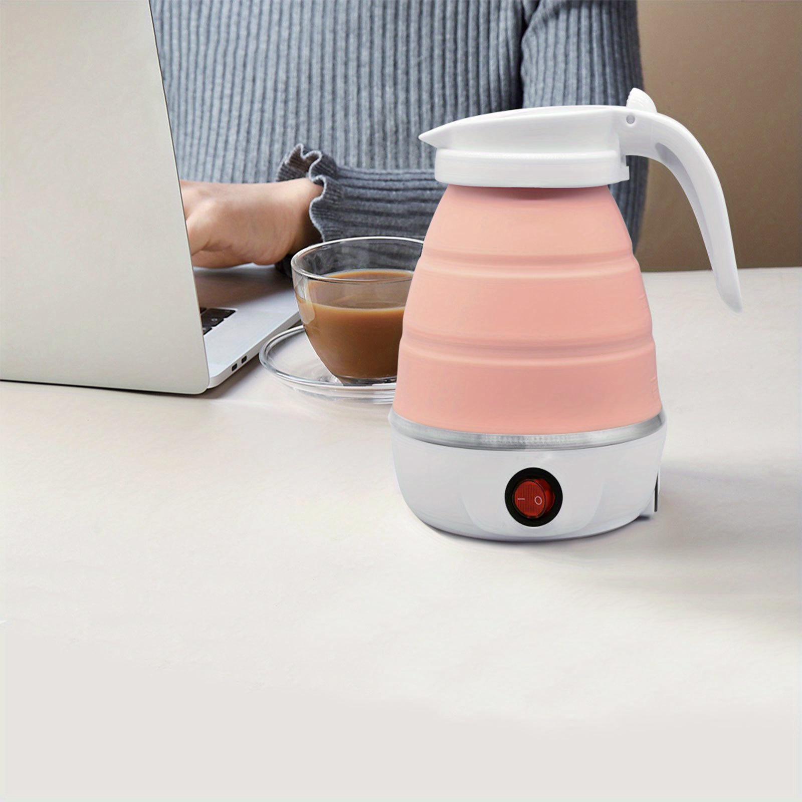 travel folding electric kettle portable upgraded food grade silicone 304 stainless steel heating base 600ml kettle 5 minute rapid boiling convenient storage detachable power cord 110v blue white pink details 5
