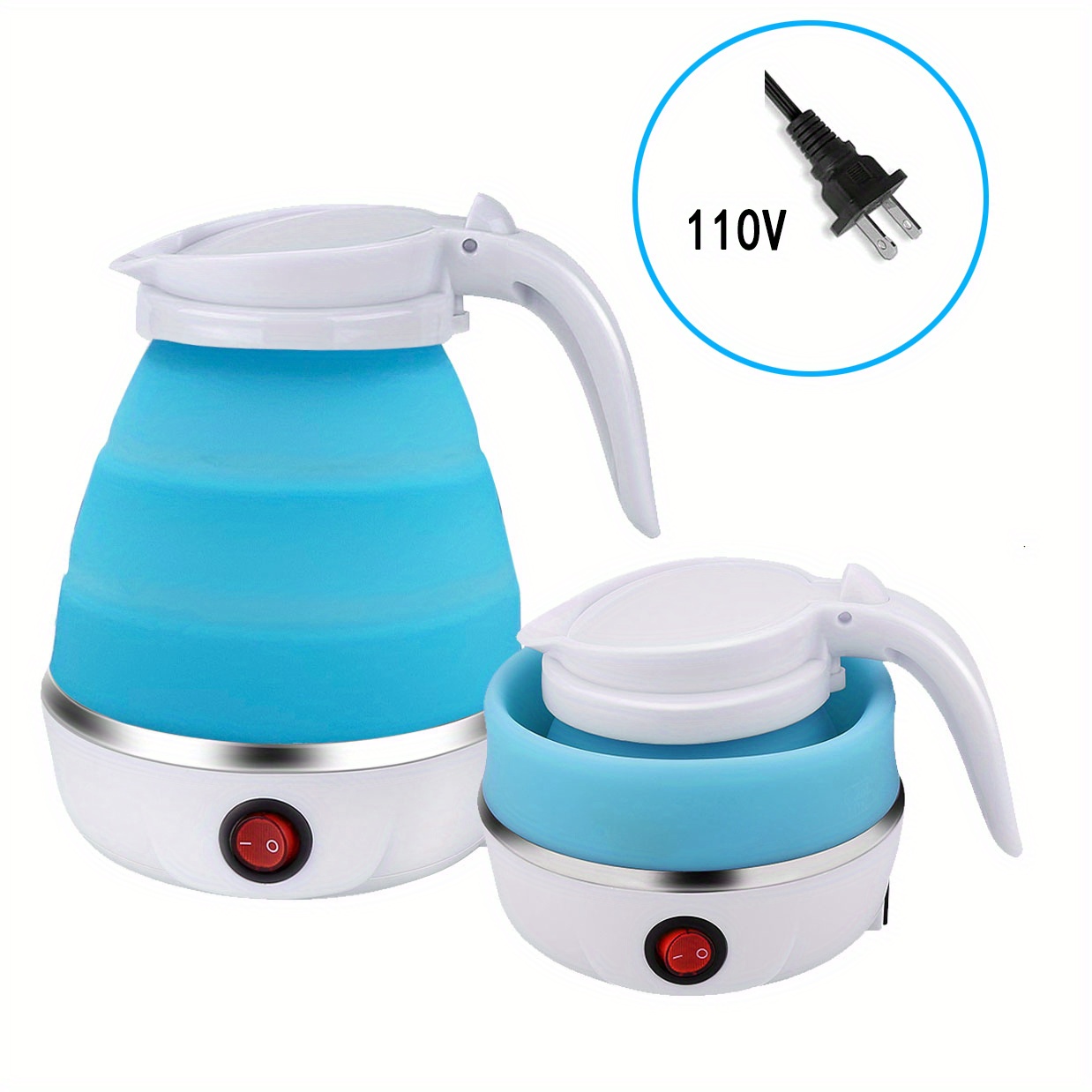 travel folding electric kettle portable upgraded food grade silicone 304 stainless steel heating base 600ml kettle 5 minute rapid boiling convenient storage detachable power cord 110v blue white pink details 6