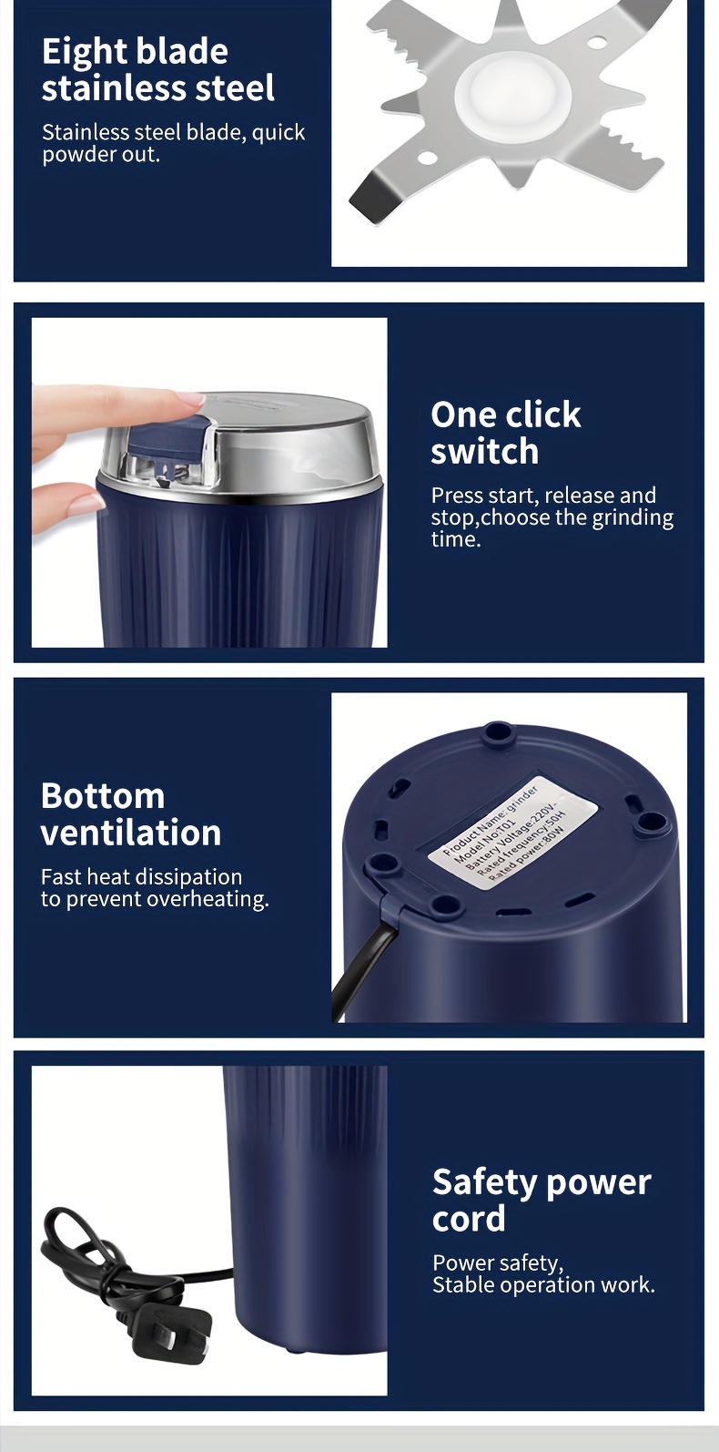 1pc 3 5oz electric coffee grinder with one touch push button control kitchen accessories for beans spices and more 8stainless steel blades quiet spice grinder us plug black blue details 14