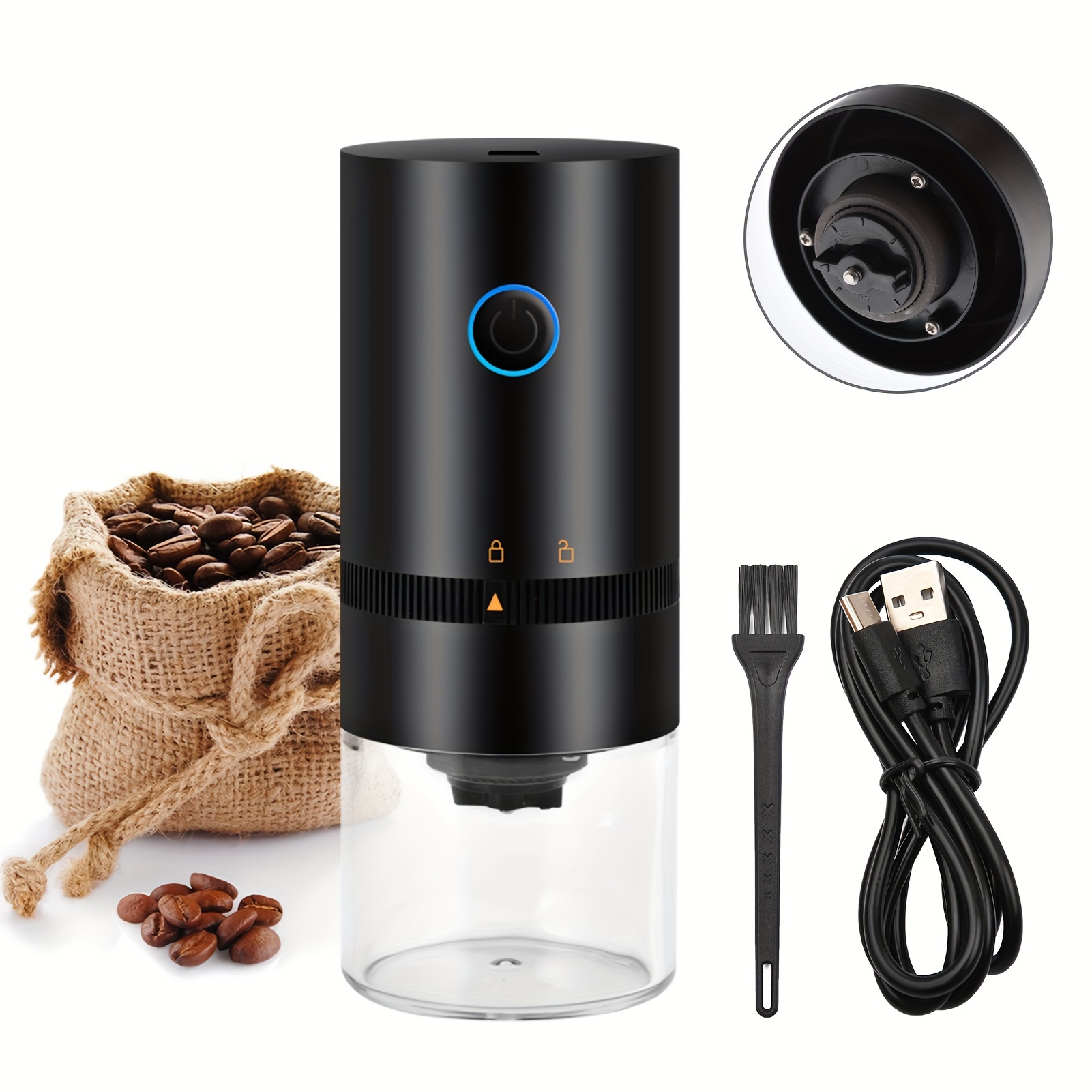 portable electric burr coffee grinder with adjustable coarse fine grinding removable chamber for home travel office coffee shop details 0