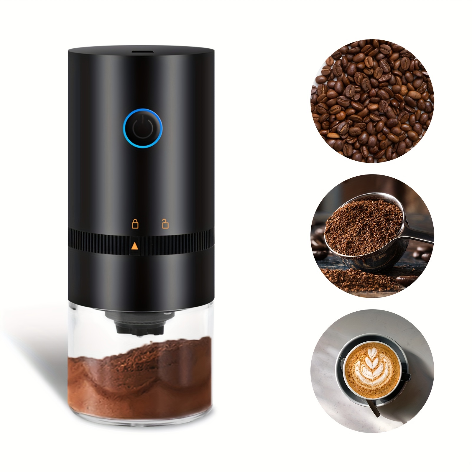 portable electric burr coffee grinder with adjustable coarse fine grinding removable chamber for home travel office coffee shop details 5